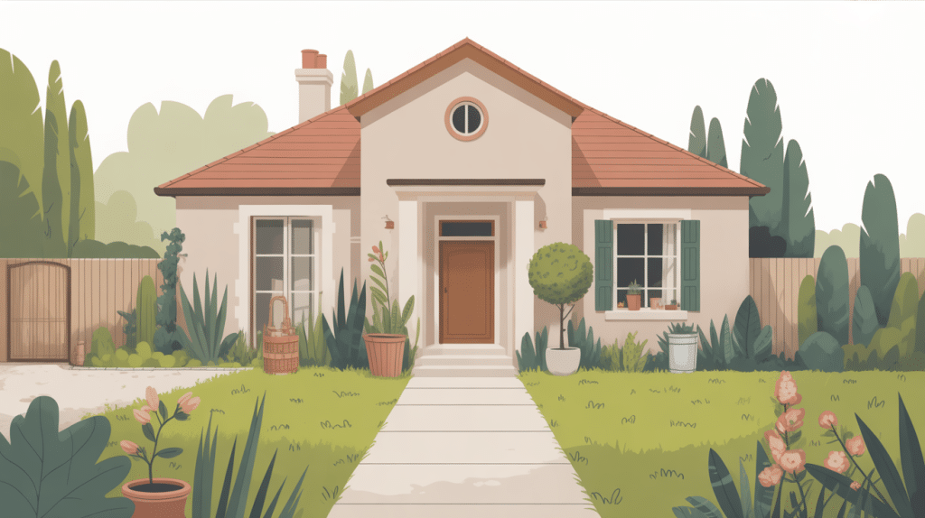 aménagement devant maison pas cher avec allée gravier et déco récup