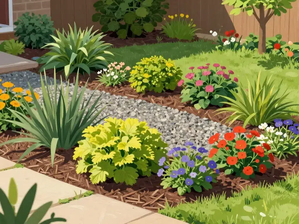 aménagement devant maison pas cher végétalisation massif vivace sans pelouse