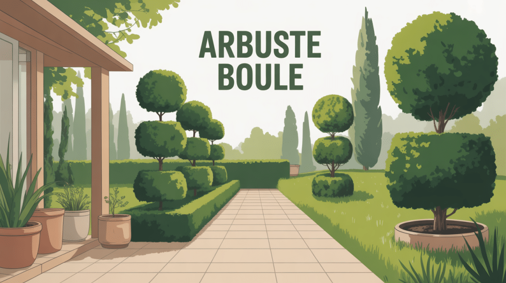 Illustration d’arbustes boule structurant un jardin élégant