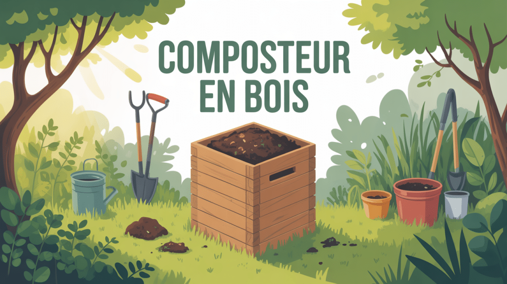 Composteur en bois entouré de plantes naturelles