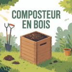 Composteur en bois entouré de plantes naturelles