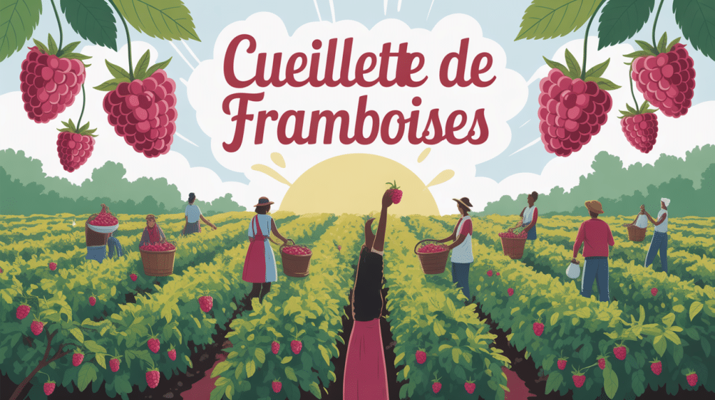 illustration cueillette framboise ambiance ferme estivale