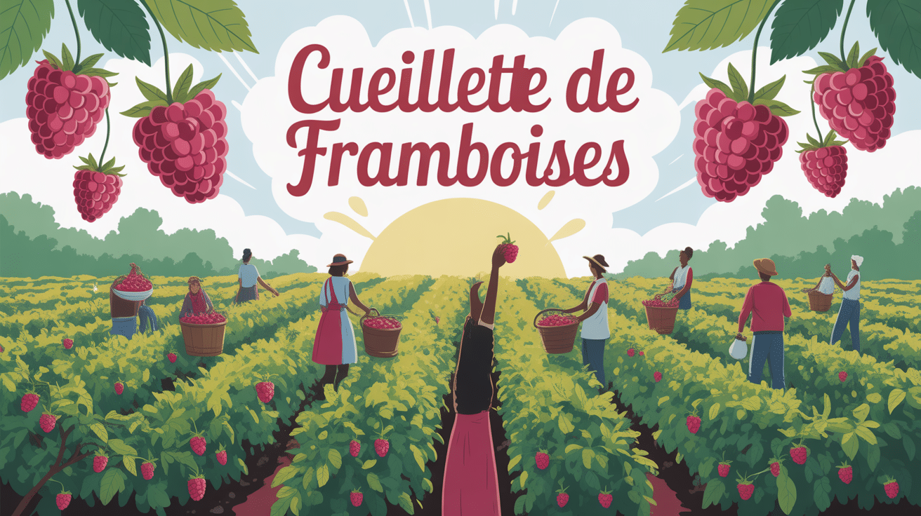 illustration cueillette framboise ambiance ferme estivale