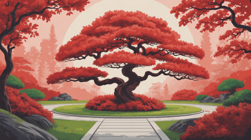 Erable rouge japon entouré de graviers et arbustes, ambiance automne zen