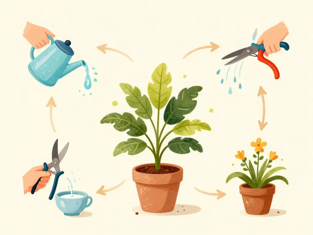 diagramme des étapes d’entretien goutte de sang plante arrosage taille floraison