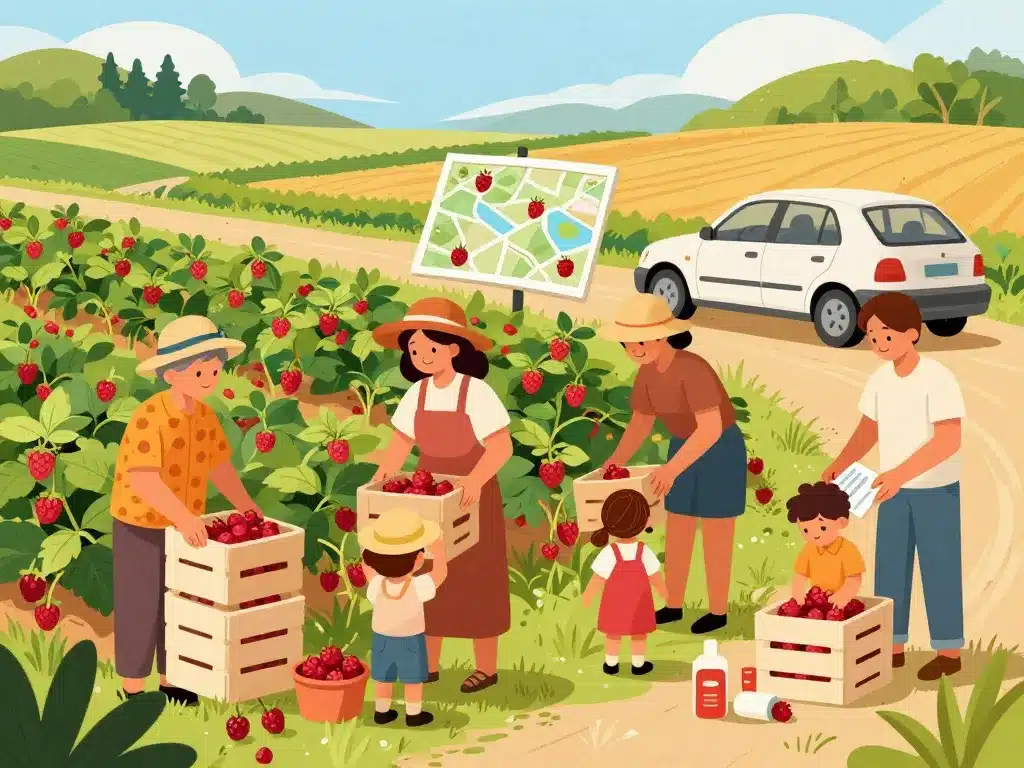 famille préparant sortie cueillette framboise champ campagne