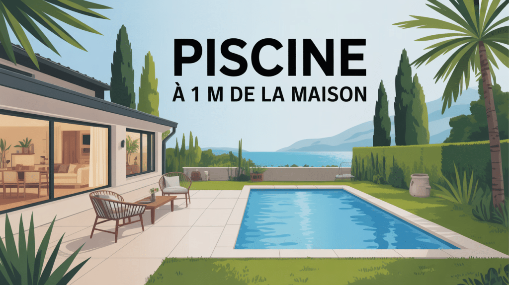 Vue stylisée piscine à 1 m de la maison moderne ambiance été