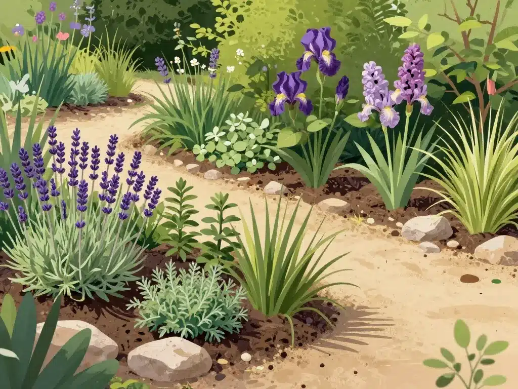 Scène de jardin sol calcaire avec lavande, lilas, iris et graminées