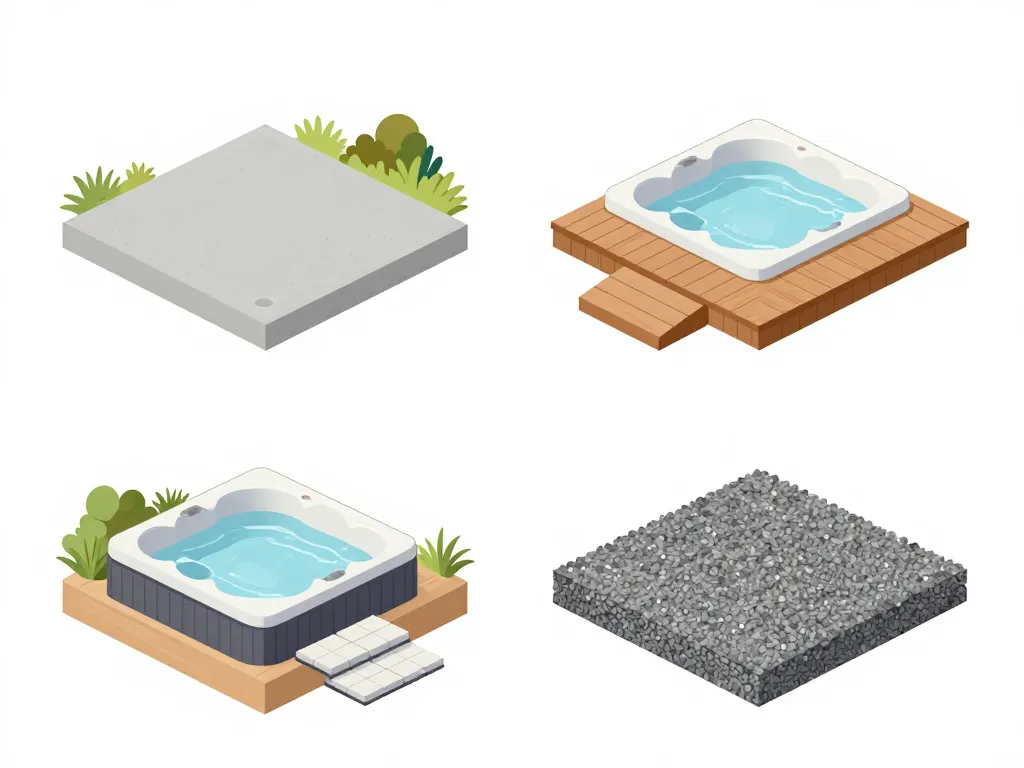 Schéma sur quoi poser un spa extérieur, dalle béton, bois, plots, gravier