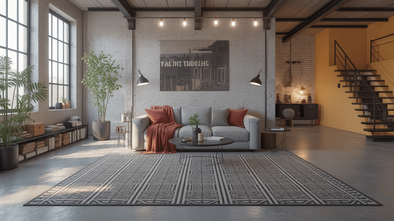 tapis pour style industriel dans loft chic ambiance béton et briques
