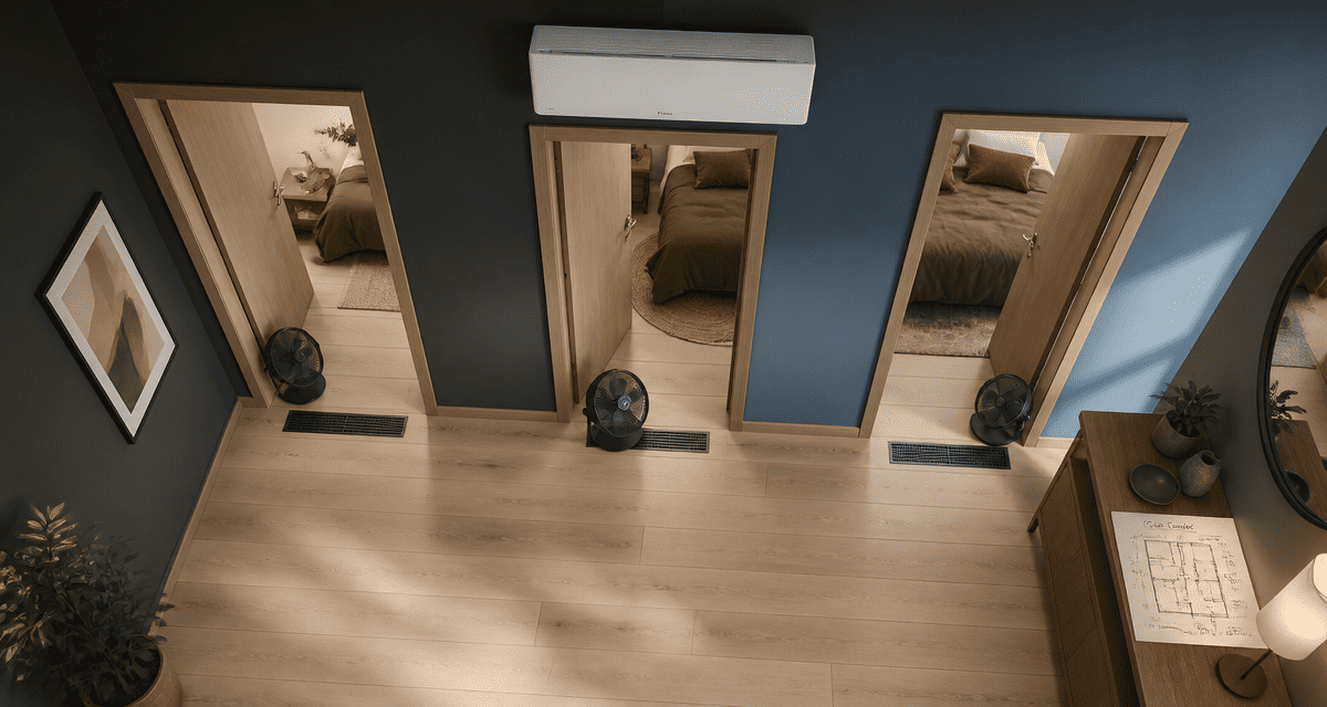 Clim dans couloir pour refroidir les chambres, split mural et portes de chambres