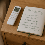 Climatisation dans une chambre, télécommande sur table de chevet