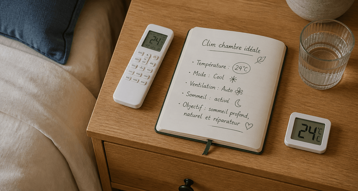 Climatisation dans une chambre, télécommande sur table de chevet