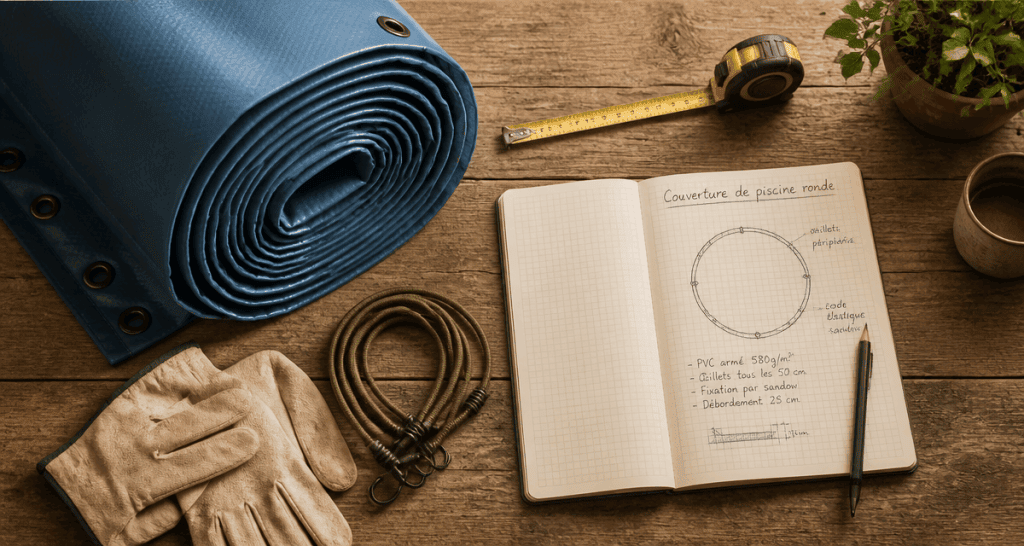 Couverture piscine ronde et accessoires sur table