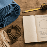 Couverture piscine ronde et accessoires sur table