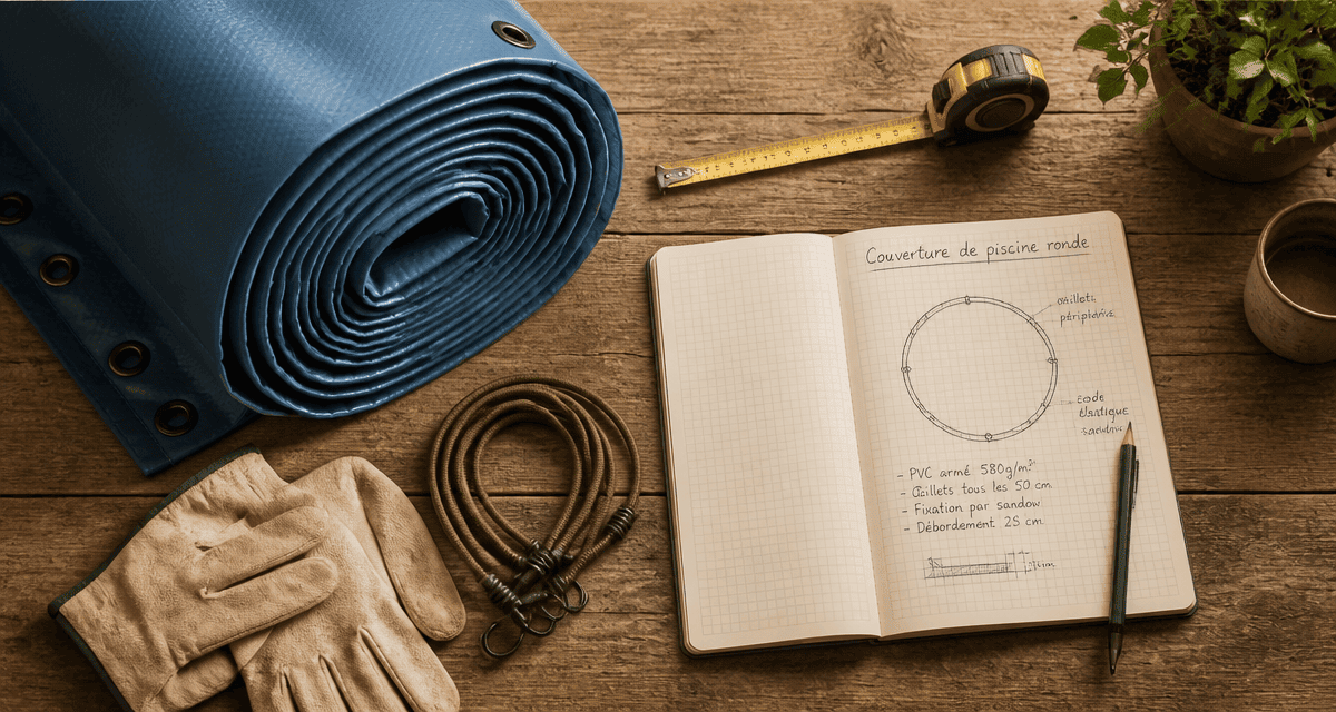 Couverture piscine ronde et accessoires sur table