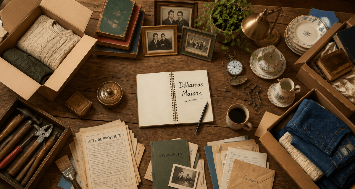 debarras maison table cartons objets anciens