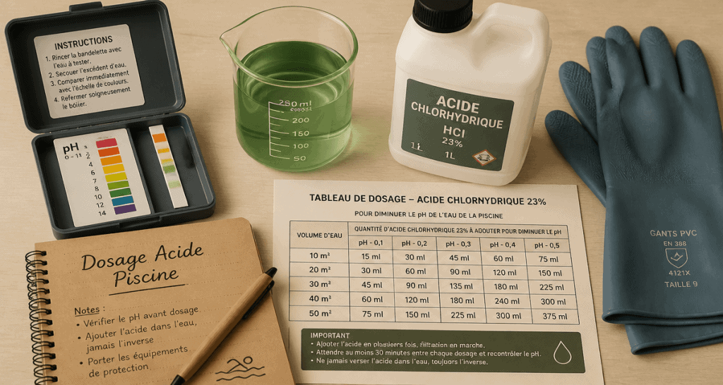 Dosage acide chlorhydrique piscine eau verte, matériel et test pH