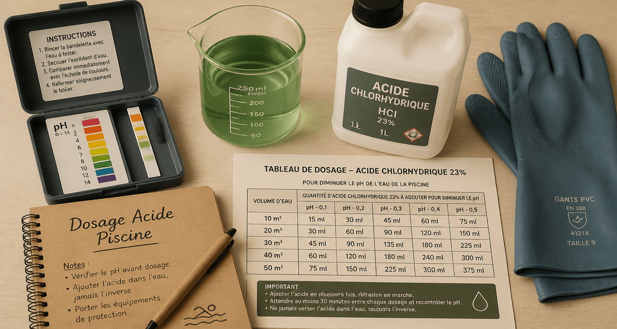 Dosage acide chlorhydrique piscine eau verte, matériel et test pH