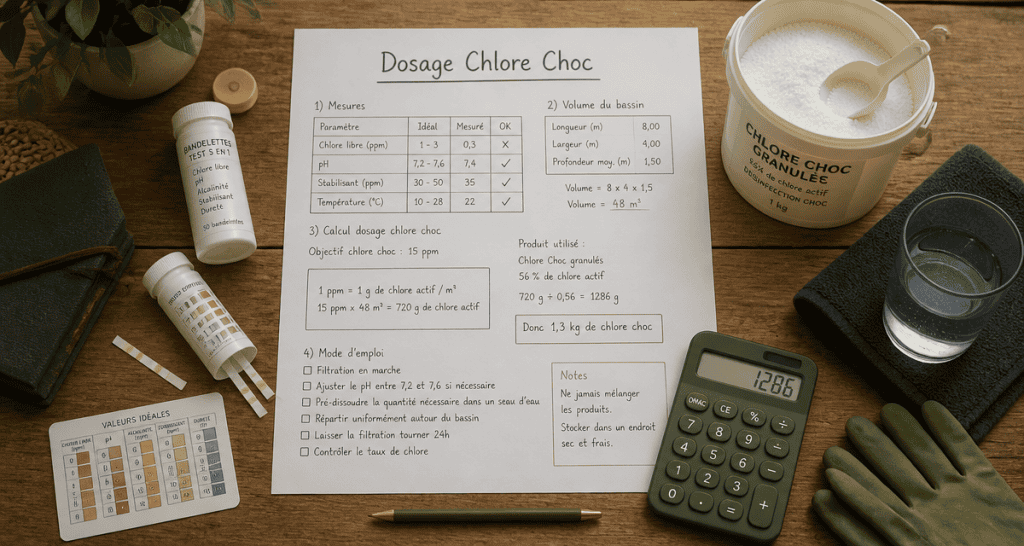Dosage chlore choc piscine par m3 avec outils et calcul