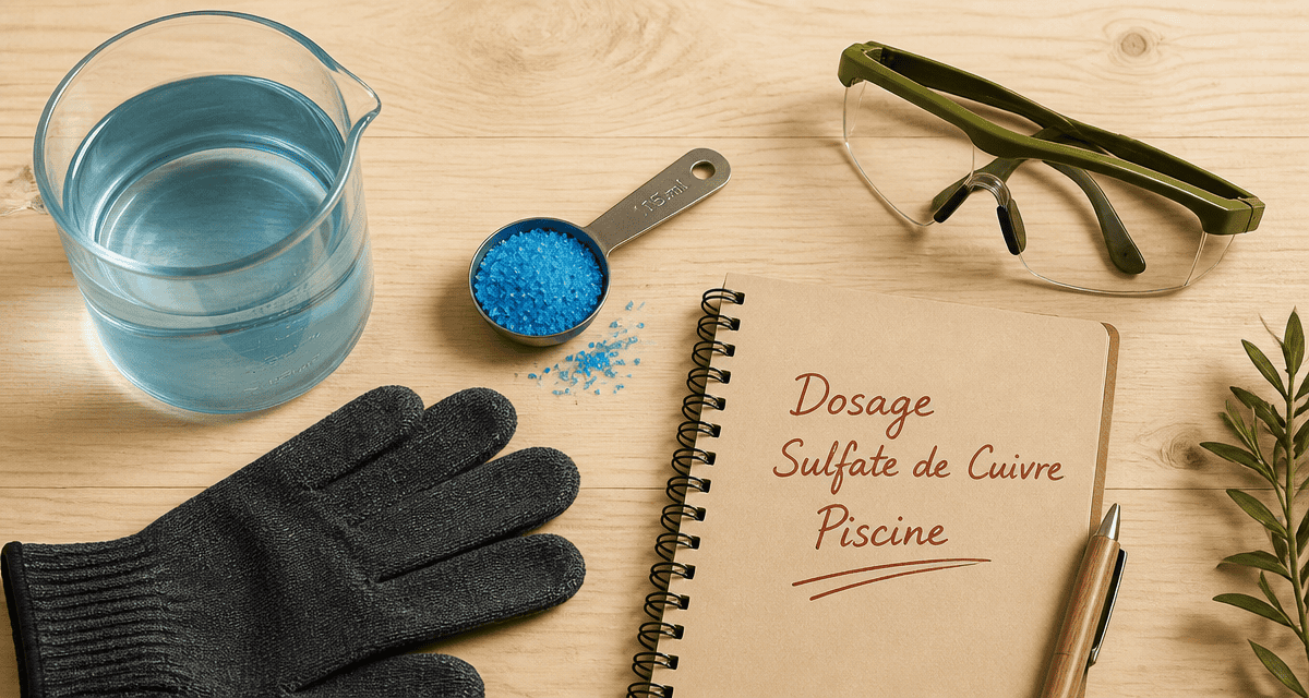Dosage sulfate de cuivre piscine, cristaux bleus et accessoires