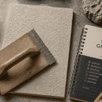 Plan de travail enduit gratte avec outils et pigments