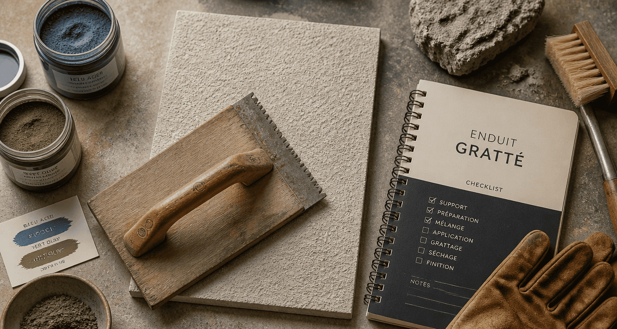 Plan de travail enduit gratte avec outils et pigments