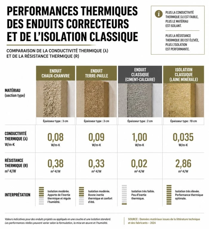 Comparatif des performances techniques des enduits correcteurs thermiques : chaux-chanvre, terre-paille et isolation classique
