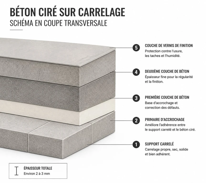 Schéma des étapes de pose d'un béton ciré : préparation, primaire, couches de béton et protection