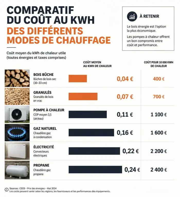Comparatif des coûts de chauffage par énergie au kWh