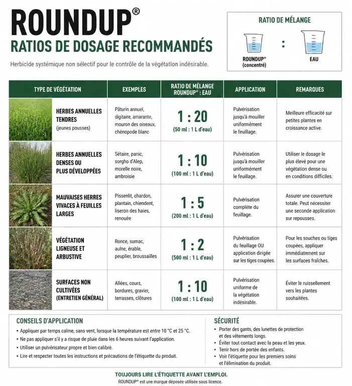 Tableau récapitulatif du dosage Roundup par type de végétation