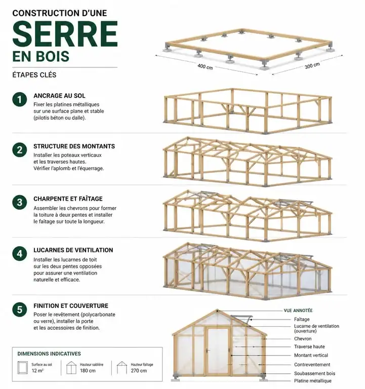 Schéma technique des étapes de construction d'une serre en bois pour le jardin