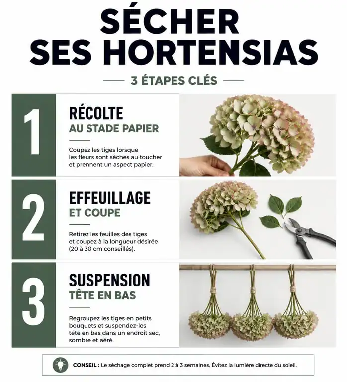Infographie des étapes de séchage des hortensias : récolte, préparation et suspension