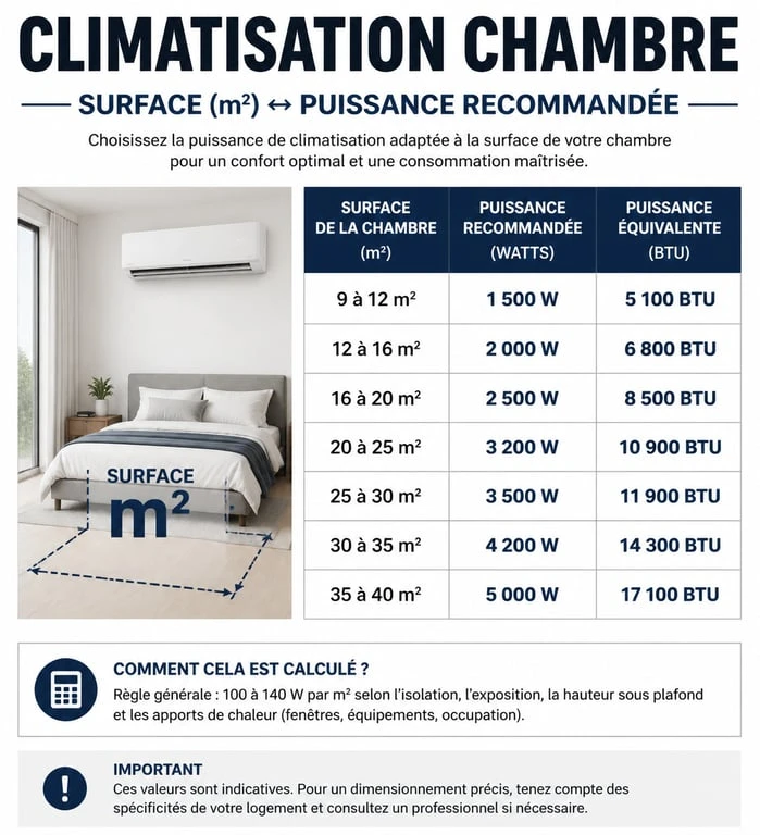Infographie sur le choix de la puissance de climatisation pour une chambre en fonction de sa surface
