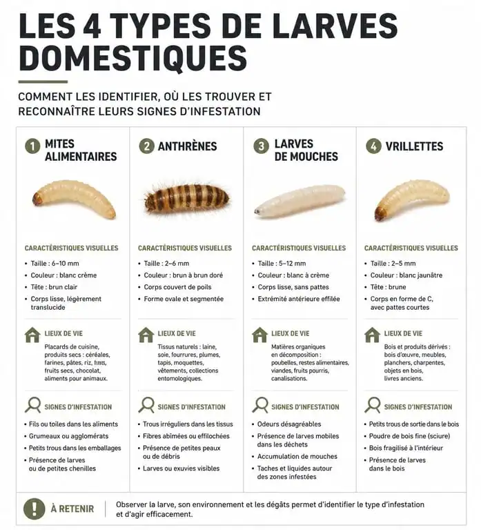 Identification visuelle des larves dans la maison : mites alimentaires, anthrènes, larves de mouches et vrillettes