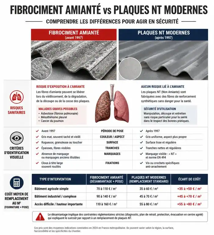 Infographie comparative toiture éverite amiantée et fibrociment NT