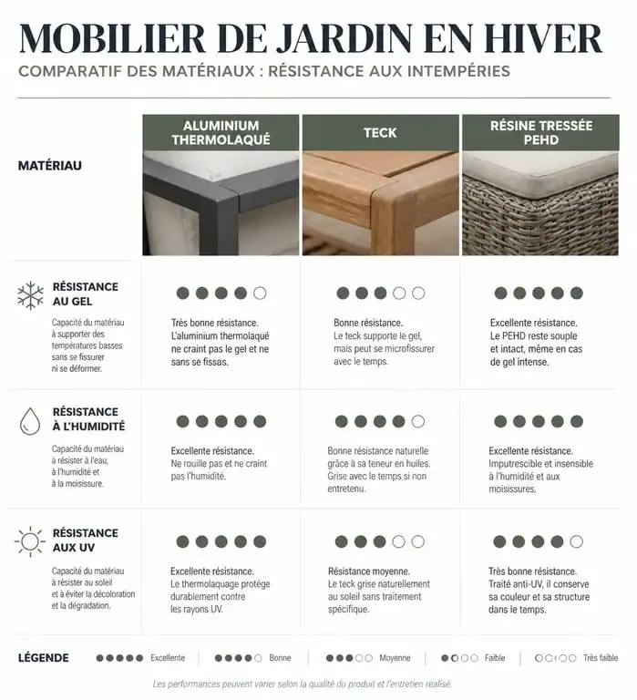 Comparatif des matériaux de salon de jardin résistants à l'hiver