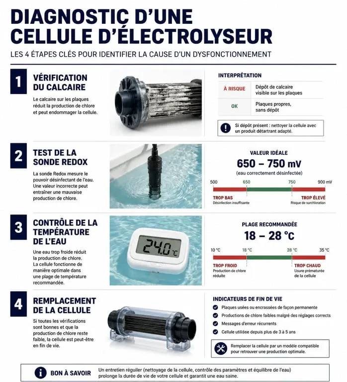 Infographie des étapes de diagnostic et entretien d'une cellule d'électrolyseur pour remonter le taux de chlore piscine au sel
