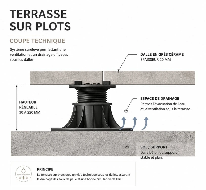 Schéma technique de pose de carrelage sur plots pour terrasse extérieure