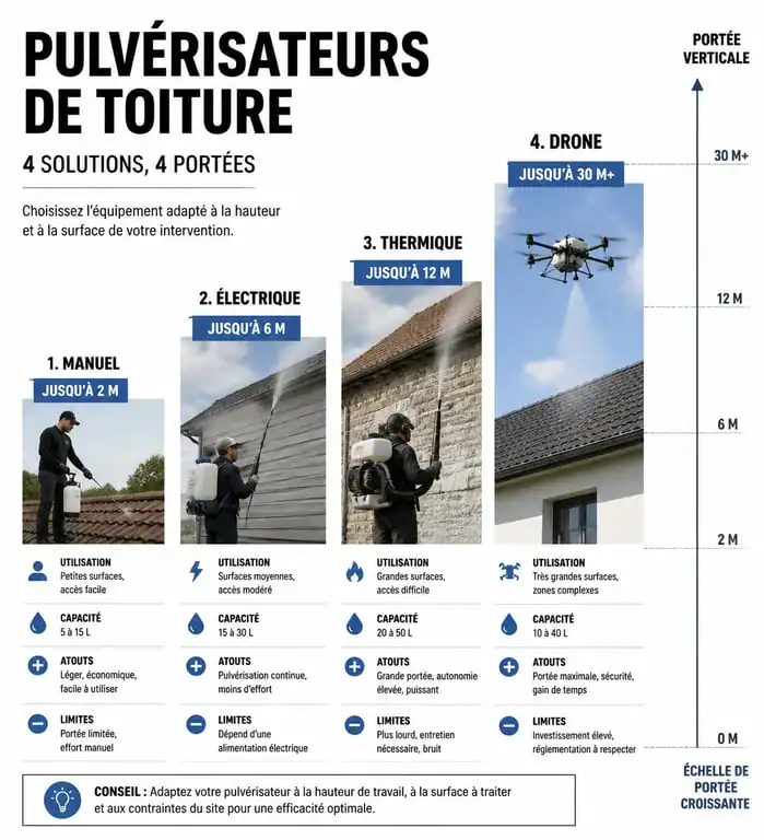 Infographie comparative des équipements de pulvérisation toiture : manuel, électrique, thermique et drone