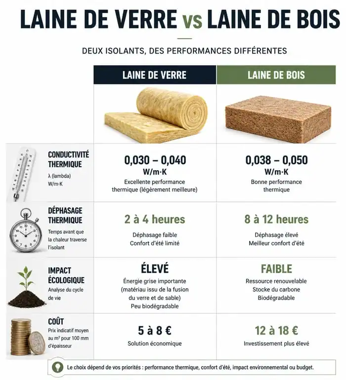 Infographie comparative laine de verre vs laine de bois pour l'isolation thermique