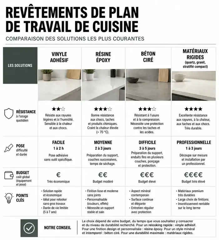 Infographie comparative des revêtements de plan de travail de cuisine