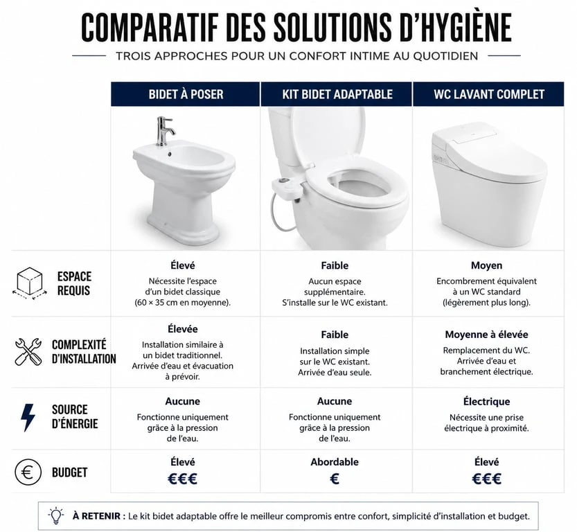 Tableau comparatif des solutions d'hygiène : bidet traditionnel, kit bidet et WC lavant pour une salle de bain moderne