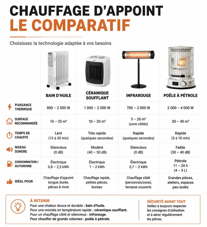 Infographie comparative des technologies pour choisir le meilleur chauffage d'appoint selon les besoins