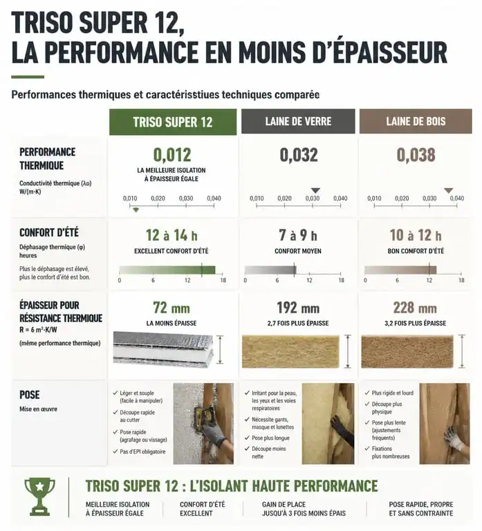 Comparatif technique isolant Triso Super 12 vs laine de verre et laine de bois pour toiture