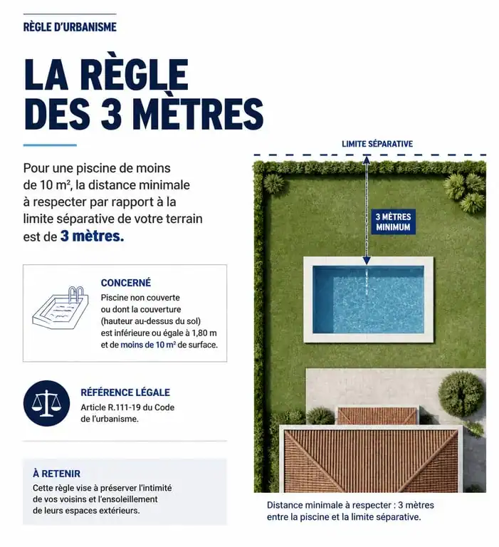 Schéma illustrant la distance légale de 3 mètres pour l'installation d'une piscine de moins de 10m2 par rapport à la limite de propriété