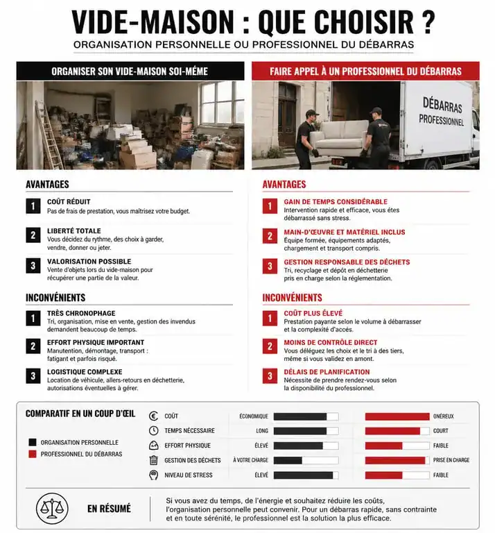 Infographie comparative : organiser son vide-maison 24 soi-même ou faire appel à un professionnel