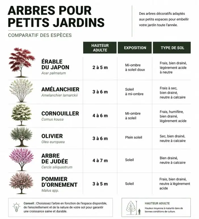 Infographie comparative des meilleurs arbres pour petit jardin selon la hauteur et l'exposition