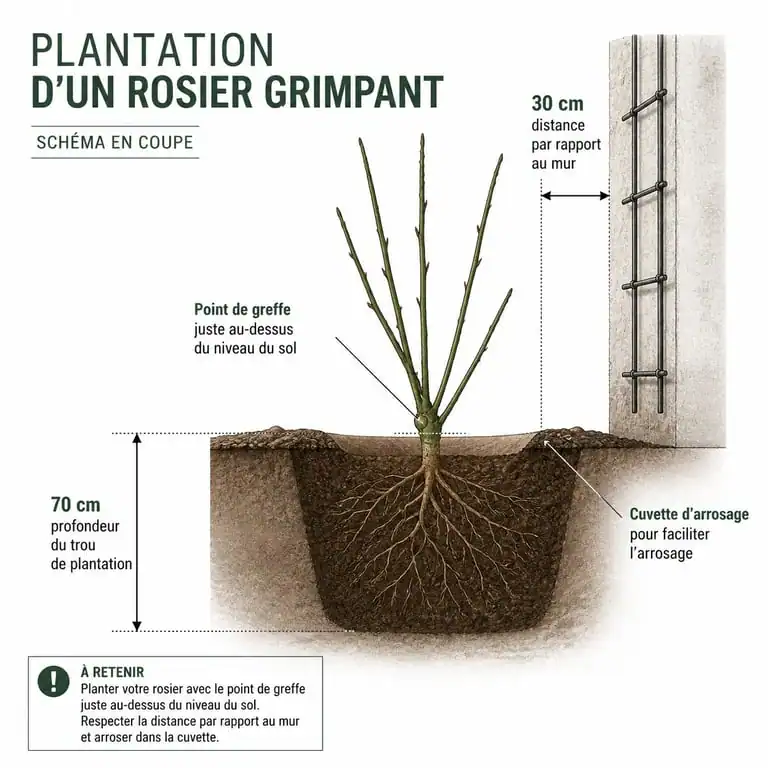Schéma de plantation d'un rosier grimpant : étapes clés, profondeur et distance du mur