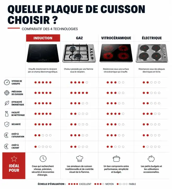 Infographie comparative des technologies de plaques de cuisson : induction, gaz, vitrocéramique et électrique pour bien choisir sa plaque de cuisson